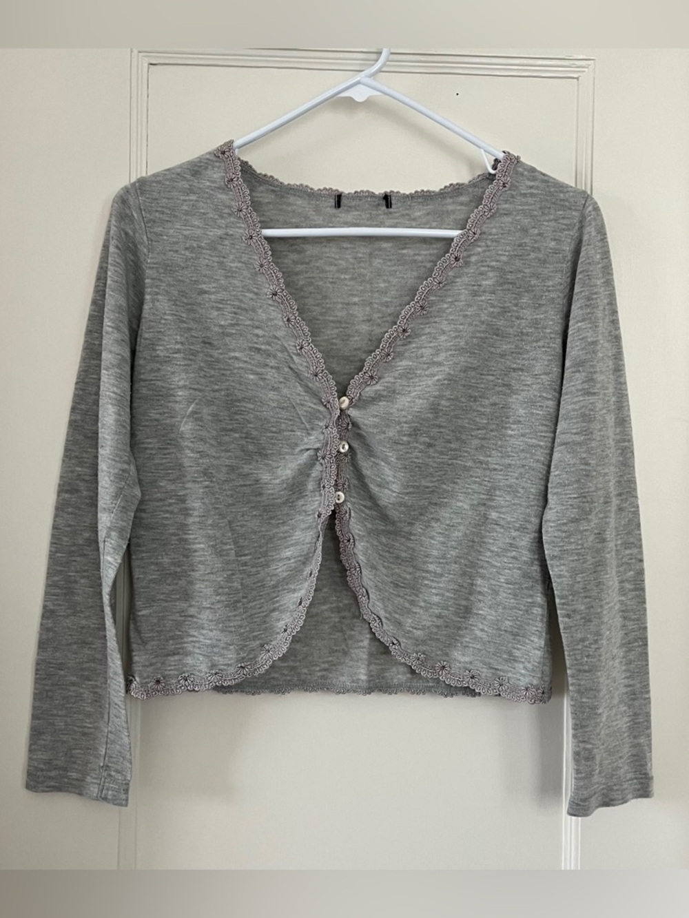 Lace Trim Button-Up Cardigan Gray XS